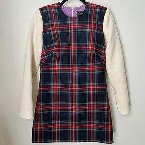 Fausto Puglisi RTW Navy Red Cream Wool Tartan Plaid Long Sleeve Dress Italy 6 S